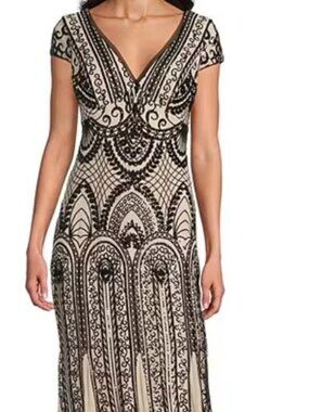 R & M Richards Sequin Power Mesh V-Neck Cap Sleeve Godet Skirt Sheath Dress